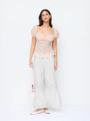 Chiffon Sweetheart Puff Sleeve Lace Panel Ruched Peplum Blouse
