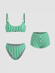 Terry U-neckline Stripe Bracelet Bikini Set & Cover Up Shorts