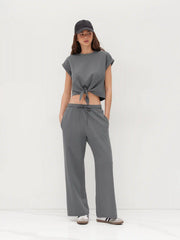 Cotton-blend Twist Roll-up Sleeve Top & Mid Rise Elastic Waist Straight Leg Trousers Set