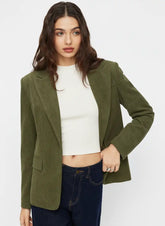 Corduroy Notched Collar Long Sleeve Blazer