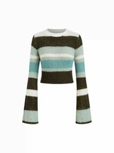 Knit Wool-blend Striped Round Neckline Bell Sleeve Crop Top