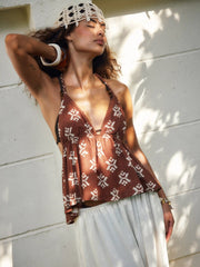 Linen-blend Aztec Graphic V-neck Halter Braided Peplum Hem Cami Blouse