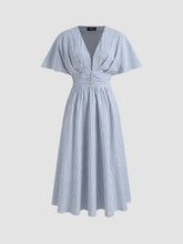 Cotton-blend V-neck Striped Ruched Button Maxi Dress
