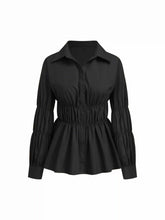 Cotton-blend Collar Shirred Ruffle Hem Shirt