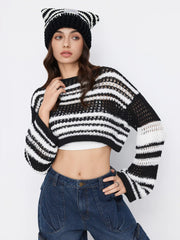 Knit Striped Boat Neck Hollow Out See-through Oversized Crop Top