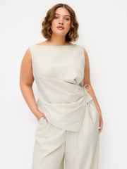 Linen-blend Boat Neck Wrap Tie Top & Mid Rise Wide Leg Trousers Set Curve & Plus