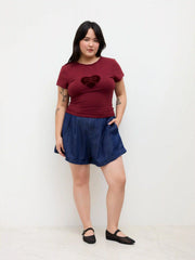 Cotton-blend Bowknot Heart Lace Trim Ruched Tee Curve & Plus