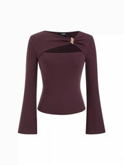 Cotton-blend Asymmetrical Neck Cut Out Top With Metal Detail