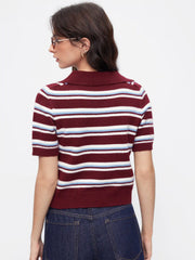 Knit Collar Striped Colorblock Middle Sleeve Top