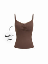 Cotton-blend V-neck Lace Panel Ruched Cami Top