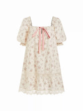 Cotton Square Neck Floral Puff Sleeve Bowknot Babydoll Mini Dress