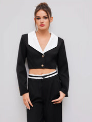 Collar Solid Button Crop Long Sleeve Blazer