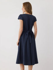 Asymmetrical Neck Tartan Ruched Tie Back Midi Flared Dress