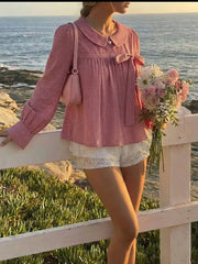 Red Gingham Peter Pan Collar Bowknot Oversized Blouse