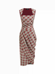 Geometric Checks Square Neck Wrap Ruched Midi Dress