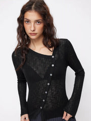Knit Asymmetrical Neck Button Long Sleeve Top