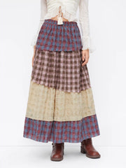 Cotton-blend Mid Rise Checks Colorblock Patched Tiered Maxi Skirt