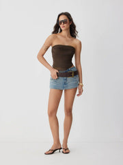 Ruched Strapless Top With Metal Zip Detail