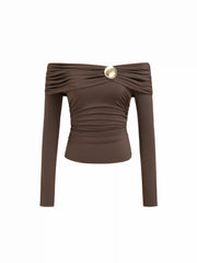 Off-Shoulder Ruched Metal Detail Long Sleeve Top