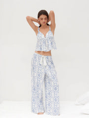 V-neck Floral Bowknot Tank Top & Mid Rise Drawstring Trousers Loungewear Set