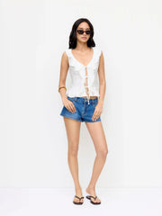 Jacquard V-Neck Ruffled Tie Front Blouse