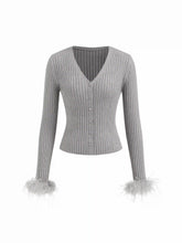 Knit V-neck Long Sleeve Top With Faux Feather Cuffs