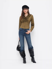 Cotton-blend V-neck Long Sleeve Ruffled Blouse