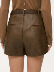 Faux Leather Mid Rise Shorts With Belt