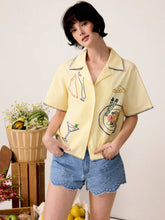 Cotton Food Embroidery Contrast Stitch Trim Short Sleeve Oversized Shirt