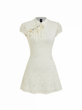 Lace Mandarin Collar Bow Tie Cutout Floral Mini Dress