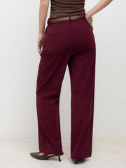 Corduroy Mid Rise Belted Straight Leg Pants