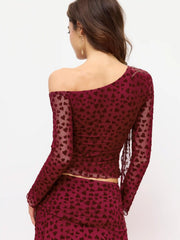 Mesh Flocking Heart Asymmetrical Neck Long Sleeve Top