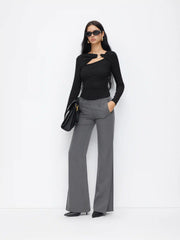 Asymmetrical Neck Long Sleeve Metal Detail Top