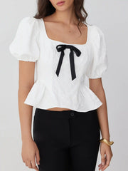 Jacquard Square Neck Puff Sleeve Bowknot Ruffled Hem Blouse