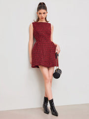Tweed Boat Neck Zipper Ruffle Mini Dress