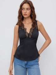 Satin V-neck Lace Tank Top