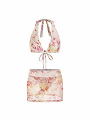 Halter Neckline Tie Dye Bead Detail Bikini Set With Wrap Skirt