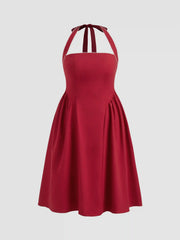Linen-blend Halter Neckline Knotted Ruffle Midi Dress Curve & Plus