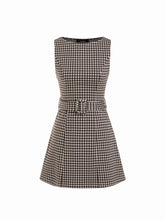 Jacquard Gingham Boat Neck A-line Mini Dress With Belt
