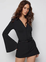 Collar Bell Sleeve Cinched Waist Shirt Bodysuit