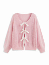 Knit V-neck Tie Front Bow Oversized Cardigan Curve & Plus