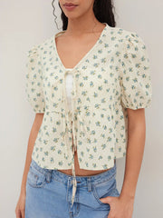Cotton-blend V-neck Floral Tie Front Blouse