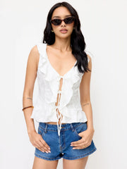 Jacquard V-Neck Ruffled Tie Front Blouse