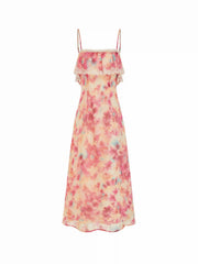 Chiffon Abstract Lace Trim Square Neck A-line Maxi dress