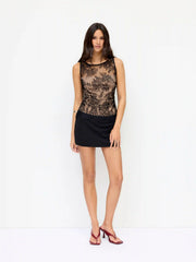 Lace Floral Boat Neck Ruched Color-block Tank Top