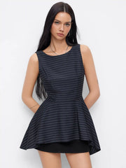 Boat Neck Striped Asymmetrical Ruffle Hem Tank Top