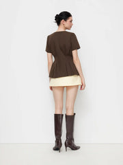 Boat Neck Pleated Button Short Sleeve Blazer