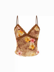 Mesh Leopard & Floral Graphic Lace Trim Cami Top