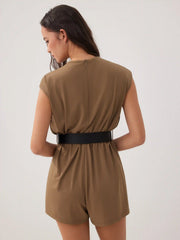 High Stretch Round Neckline Mid Rise Oversized Romper with Belt