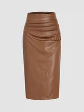 Faux Leather Mid Waist Ruched Midi Skirt